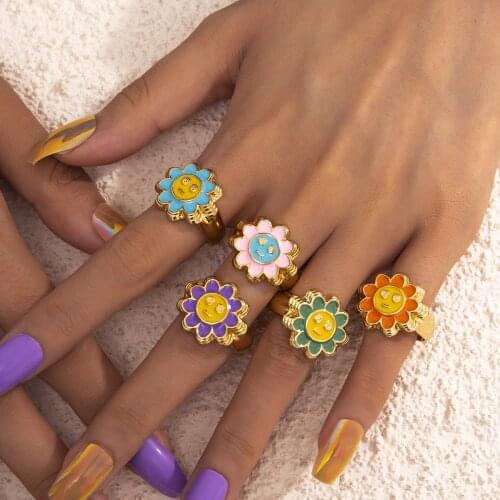 New Ins Vintage Colorful Smiley Face Sun Flower Ring Simple Drop Oil Smile Happy Face Rings For Women Girls Fashion Jewelry Gift