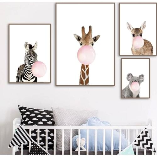 Pink Bubble Zebra Giraffe Child Animal Wall Art Canvas Painting Nordic Posters And Prints Wall Pictures For Living Room Decor