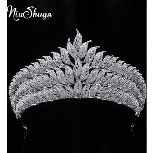 NiuShuya Royal Princess Leaves Cubic Zircon Tiara Zircon Crown CZ Diadema Bridal Coroa Wedding Hair Accessories