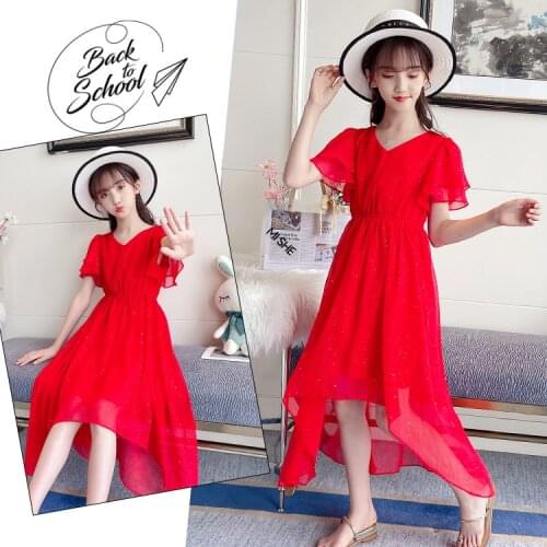 Teenage Kids Clothes Red Girls Summer Long Beach Dress Summer Light Cute Elegant Beauty Party Dress Flower Girl Bridesmaid Dress