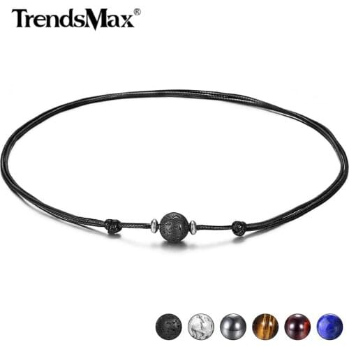 Natural Stone Leather Necklace Choker for Men Boys Single Bead Lava Tiger Eye Lapis Lazuli Adjustable Jewelry Dropshipping DNM25