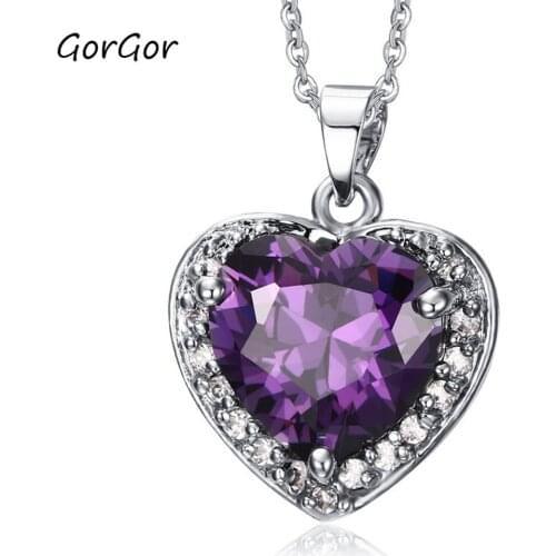 GorGor Necklace Copper Material Pattern Purple Mosaic Zircon Heart-shaped Pendant Simplicity Temperament Jewelry PNB-001