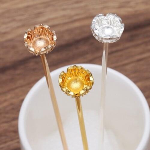 10 PCS 120mm Metal Alloy Flowers Hair Sticks Base 15.5*11mm Flower Bead Cap Hairpin Setting DIY Accessory For Jewelry Making