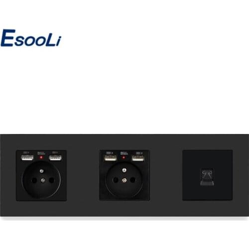 ESOOLI Black PC Plastic Panel Double French Standard Wall Power Socket with 4 USB Charging Port + RJ11 Telephone Connector