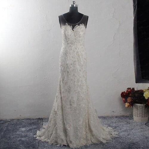 RSW1553 Scoop Neckline Sleeveless Illusion Neck Silver Beaded Appliques Lace Dress Reception Wedding Dress