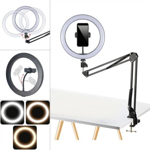 Dimmable Ring Selfie Light Camera Phone USB Ring Lamp Photography Light with Flexible Arm Phone Holder Stand Vlog Studio