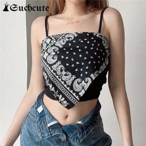 SUCHCUTE Flower Print Gothic Sleeveless Crop Tops For Women Summer Streetwear Casual Fitness Cami Tops 2021 Female Trendy Tops