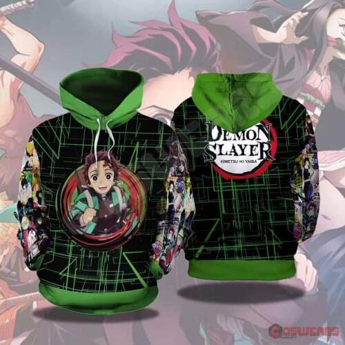 Japanese Word Green 3D Pinting Anime Demon Slayer Kimetsu no Yaiba Hooded Winter Hoodies for Adults Mens Womens