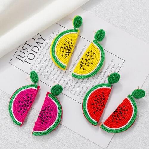 AENSOA Handmade Beaded Watermelon Earrings Trendy Semicircle Fruit Beaded Earrings Women Bohemian Summer Beach Jewelry 2021
