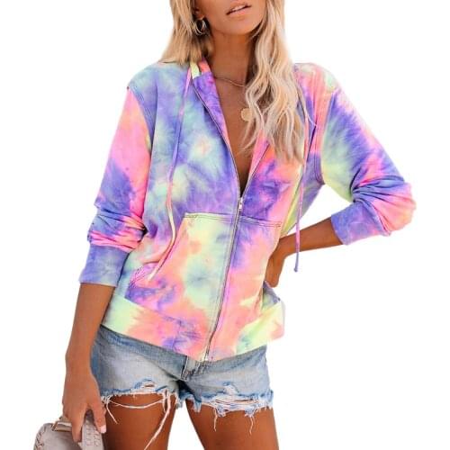 Hoodies Women Zip-up Turn-down Collar Tie-dye Printed Pocket Long Sleeve Europe And America Style New Trendy Casual Harajuku Top