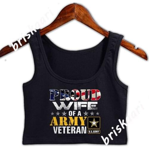 Proud Wife Of A Army Veteran American Flag Militar Crop Top Knitted Comical Cute Outfit Spring Autumn Sexy Tank Top O-Neck Vest