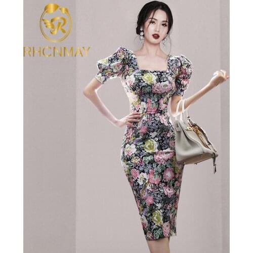 New Flower Printed Pencil Bodycon Dress Summer Runway Women Puff Sleeve Elegant Simple High Waist Bag Hip Draped Dresses
