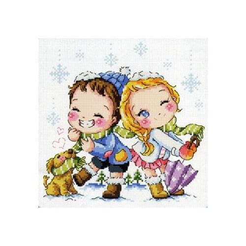 Gold Collection Counted Cross Stitch Kit Snowy World Winter Snow Little Girl and Boy SO