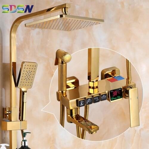 Gold Thermostatic Bathroom Shower Set SDSN Copper Brass Bathtub Mixer Faucet 12 Inch Ranfall Shower Head Gold Digital Shower Set