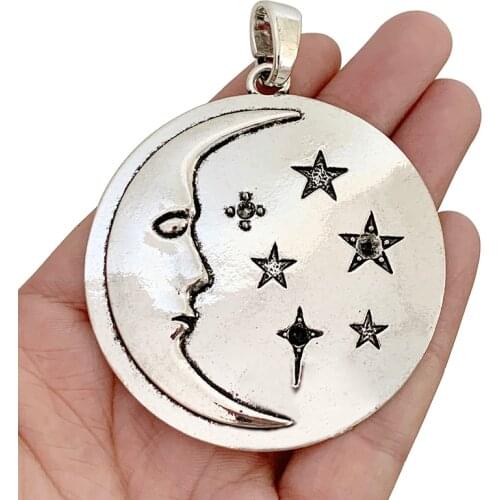 1 x Antique Silver Color Large Moon With Star Round Charm Pendant for Necklace Jewellery Making Accessories 62x62mm