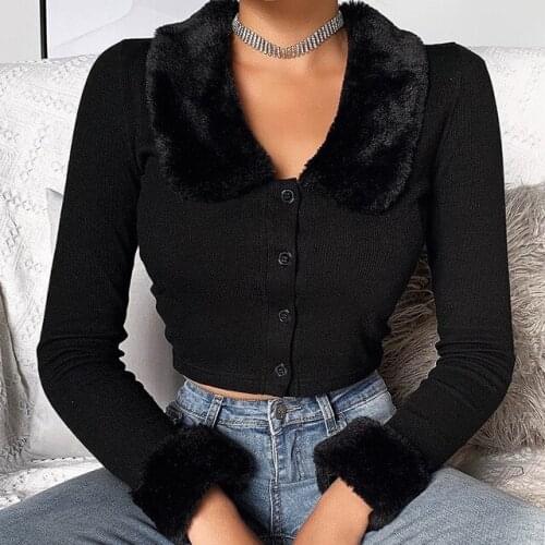 Black Fluffy Turn-dwon Collar Long Sleeve Button Autumn Women Shirt Cropped Top Slim Elastic Cotton Casual Soft Top