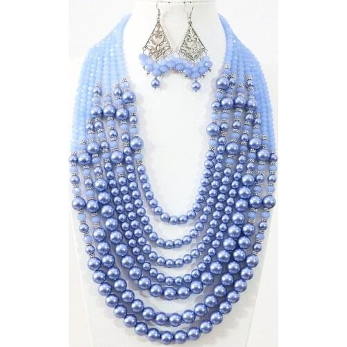 Fashion design 7 row necklace earrings light blue round shell simulated-pearl abacus crystal beads elegant diy jewelry set B1312
