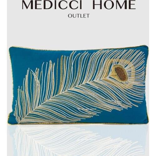 Medicci Home Wasit Cushion Cover Peacock Feather Embroidery Southeast Asia Exotic National Style 30x50cm Lumbar Pillow Case
