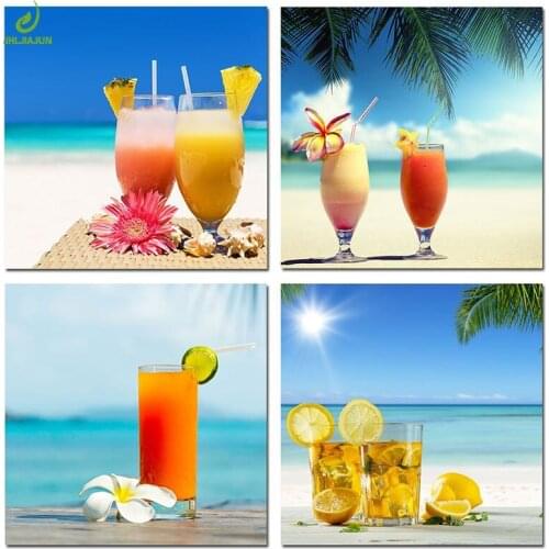 JHLJIAJUN 4 Piece Beach Juice Art Decoration Home Modular Picture Art Decorative No Frame Living Room Bedroom Decor Posters