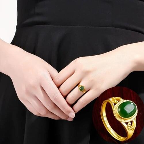 National wind plated gold inlaid with Hetian Jasper ring gold inlaid with jade green chalcedony ring adjustable innovation ring