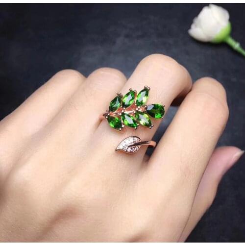 Luxurious Leaf flower fan Natural green diopside Ring S925 Silver Natural gemstone Adjustable size Ring Women party gift Jewelry
