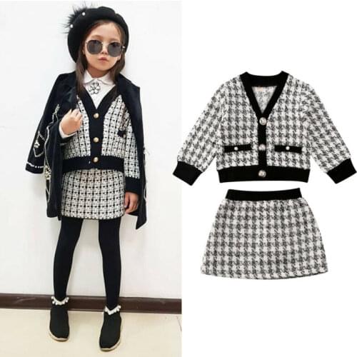 2Pcs Newborn Kids Baby Girl Clothes Set Spring Autumn Long Sleeve V-Neck Button Plaid Coat Tops+Tutu Dress Formal Outfits Set