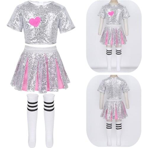 Kids Girls Shiny Stage Performance Costume Hip Hop Jazz Modern Dancewear Glittery Sequins Crop Tops with Skirt Socks Outfits