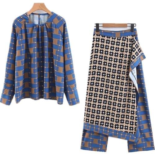 Casual Suit Female Spring New Long-sleeved Loose Blouse Shirt Plaid Skirt Pants Scarf Stitching Wide-leg Pants Two-piece
