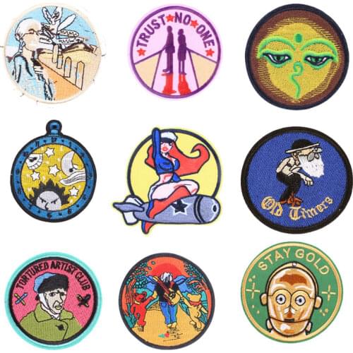 Round Character Embroidered Patches on Heat Transfer Appliques Patch Clothes Badges Stickers for Backpack Printed Stripe Decal