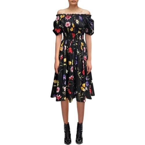 Summer 100% Cotton 2021 High Quality Slash New Flower Print Puff Sleeve Waist Elastic Beach Holiday Midi Dress