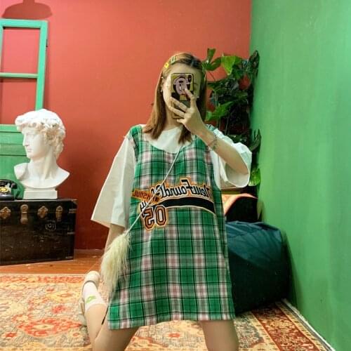 Summer Street Hip-hop t-shirts College Style Plaid BF Loose Large Size Short Sleeve Fake Two T-shirt Tide Girls tee