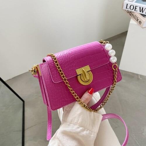 Gradient color pearl chain crocodile pattern small square handbag female 2021 single shoulder messenger bag