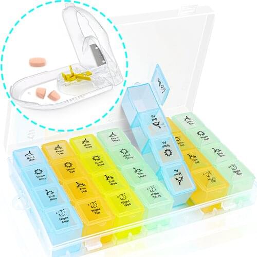 Weekly Pill Organizer with Pill Cutter, 4 Times a Day 7 Days Portable Pill Box Case 28 Compartments Medicine Planer Storage box