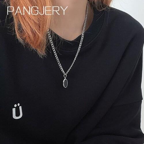 PANGJERY 925 Sterling Silver Chain Necklaces for Women Fashion Simple Exquisite Black Oval Label Birthday Party Jewelry Gifts