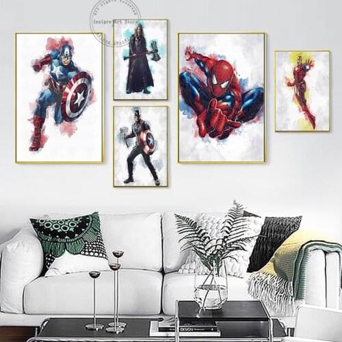 Watercolor Canvas Painting Marvel Avengers Poster Superhero Spiderman Captain America Print for Home Decor