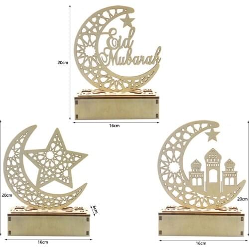 Ramadan Eid Mubarak Home Decorations Moon LED Light Wooden Ornament DIY Islam U2JC