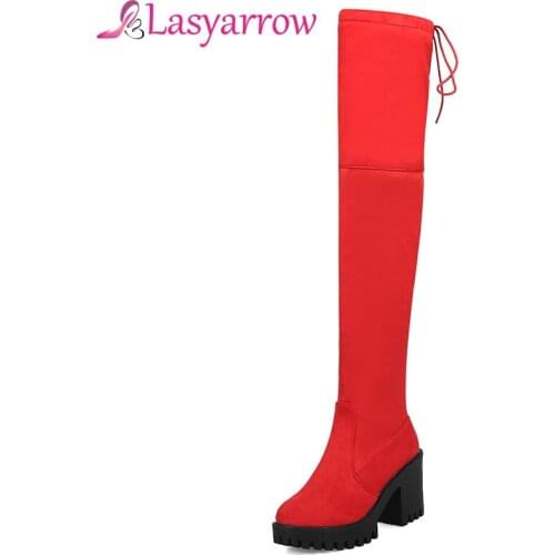 Lasyarrow Round Toe Thigh High Boots Platform Shoes Women Lace Up Over the Knee Boots Fashion Casual Thick Bottom Long Boots