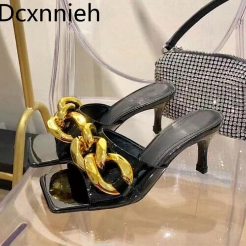 New Glod Chain Heels Women Slides Casual Dress Summer Slippers Square Toe Patent Leather Runway Mules Office Lady Shoes 2021