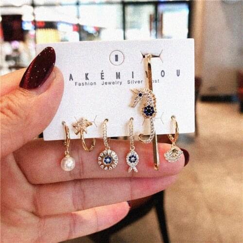 SIPENGJEL Fashion Blue Zircon Small Hoop Earings Set Hippocampus Eye Pendant Earrings For Women Party Jewelry Gift 2021