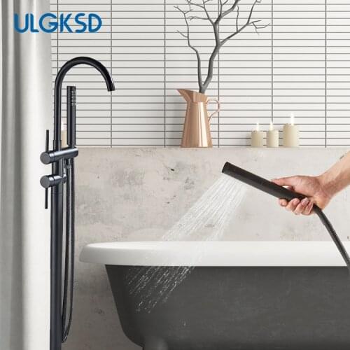 Ulgksd Black Bathtub Floor Stand Faucet Mixer Single Handle Mixer Tap 360 Rotation Spout With ABS Handshower Bath Mixer Shower
