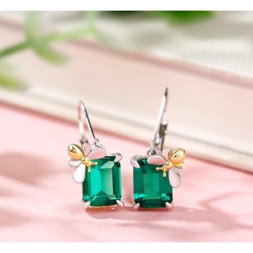 Vintage Gold Color Small Bee Earrings Luxury Green Crystal Square Stone Hoop Earrings Boho Silver Color Party Earrings For Women