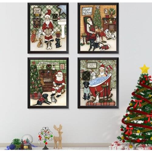 Funny Santa Claus With Dogs On Bathtub Print Canvas Painting Color Bathroom Wall Art Vintage Poster Christmas Bedroom Home Decor