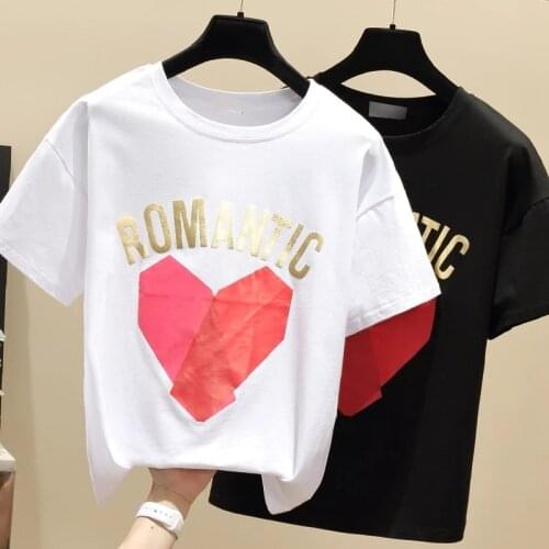 T Shirts Female Cotton Women Tops Applique Shirts Summer T-Shirt Elastic 2021 Short Sleeve Ladies Love Black White Tshirt