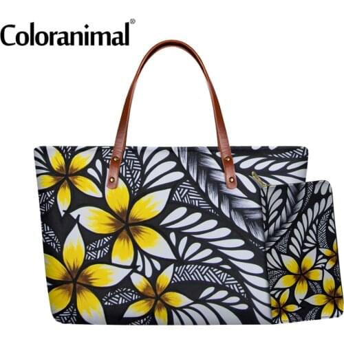 Coloranimal Women 2Pcs/Set Shoulder Bag&Wallet Polynesian Plumeria Printed Crossbody Bag for Female Tote Messenger Bolsa 2020