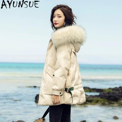 AYUNSUE Woman Jacket Winter Natural Raccoon Fur Collar Hooded Parkas Women 90% white Duck Down Jackets Female Coats Ropa 2020