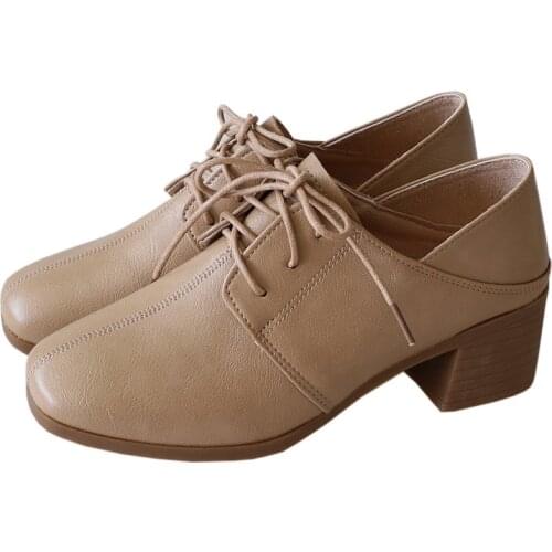 Women 2021 New Casual British Style Single Shoes Female Mid Thick Heel Lace Up Solid Small Shoes College Style Retro Work Shoes