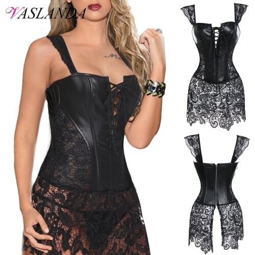 Women Bustiers & Corset Faux Leather Steampunk Corset Dress Lace Up Zipper Bustiers Top with Renaissance Skirt Burlesque Costume