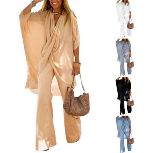 New autumn Womens Temperament Casual Loose Irregular Cross Half-sleeved Top + Wide-leg Trousers Two-piece Suit Women Clothing