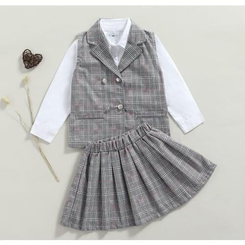 3Pcs Kids Girl Suit Lapel Shirt Matching Plaid Suit Waistcoat Pleated Skirt for Children Girls Clothes Set 2-7 Years
