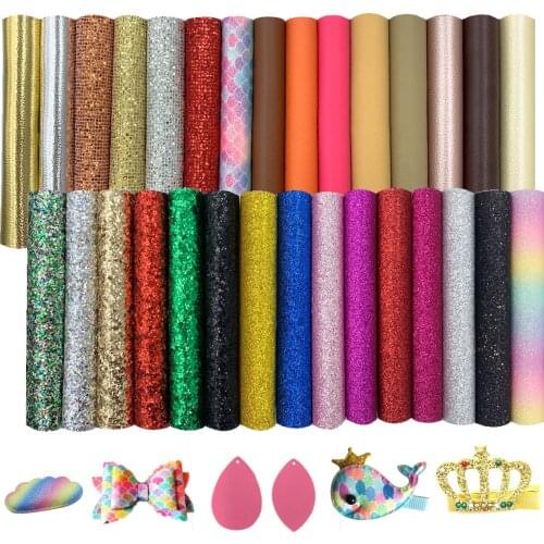 30Pieces/Set 20*15cm Fine Chunky Glitter Synthetic Vinyl PU Leatherette Fabric Shiny DIY HairBow Handmade Earring Decoration
